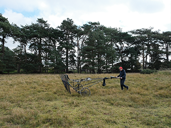 person walking across field with magnetometer