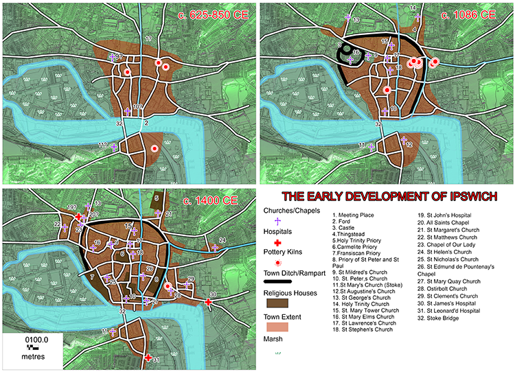 three maps of ipswich with medieval landmarks