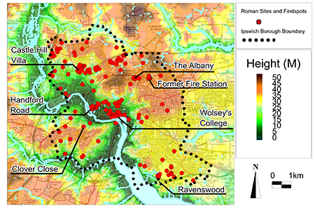 map of ipswich with locations of roman sites