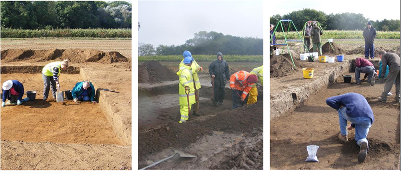 three photos of people excavating in all weathers