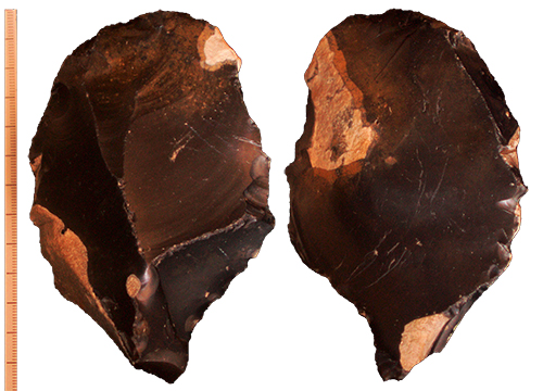 Middle Palaeolithic Levallois core, knapped from very high quality dark black flint