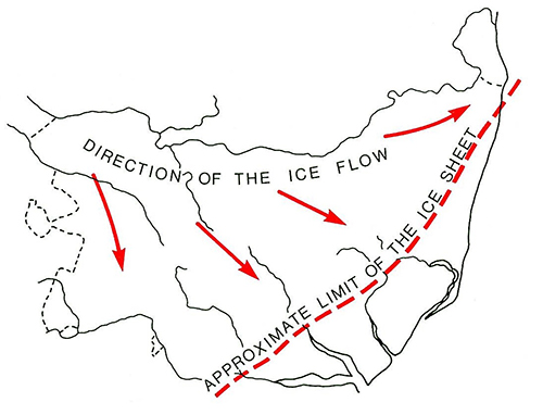 map of extent of Anglian Ice sheet over Suffolk with limit NE to SW from Lowestoft to Colchester