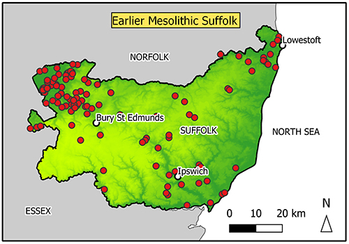 Map of Suffolk with findspots in the Breckland/Fen edge 