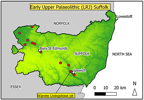 map of Suffolk findspots in the Breckland/fen edge area and in the Gipping Valley