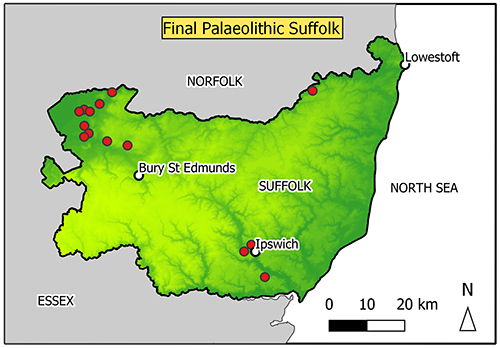 map of Suffolk with findspots in Breckland/fen edge area and Ipswich, one near Bungay.