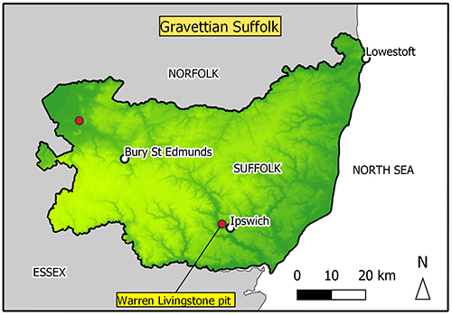 map of Suffolk with one findspot in Ipswich and one other from the Mildenhall area.