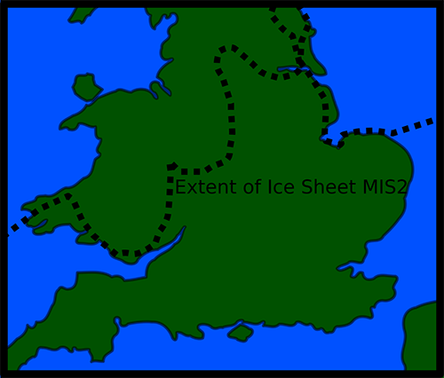 Map of present day Britain indicating the limit of the Devensian Ice Sheet 