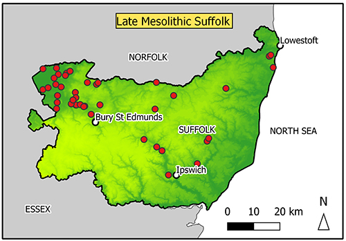 Map of Suffolk with findspots in Breckland/Fen edge, no find spots on higher plateau in southwest
