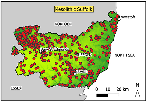 map of Suffolk mostly completely covered with findspots.