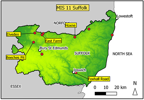 Map of Suffolk with findspots marked. Sites are concentrated in the north of the county.