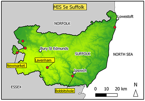 Image shows map of Suffolk with six points marked.