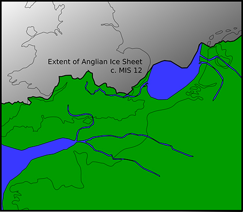 map of Northwest Europe showing extent of Anglian ice sheet MIS 12 from Rhine to the Bristol Channel